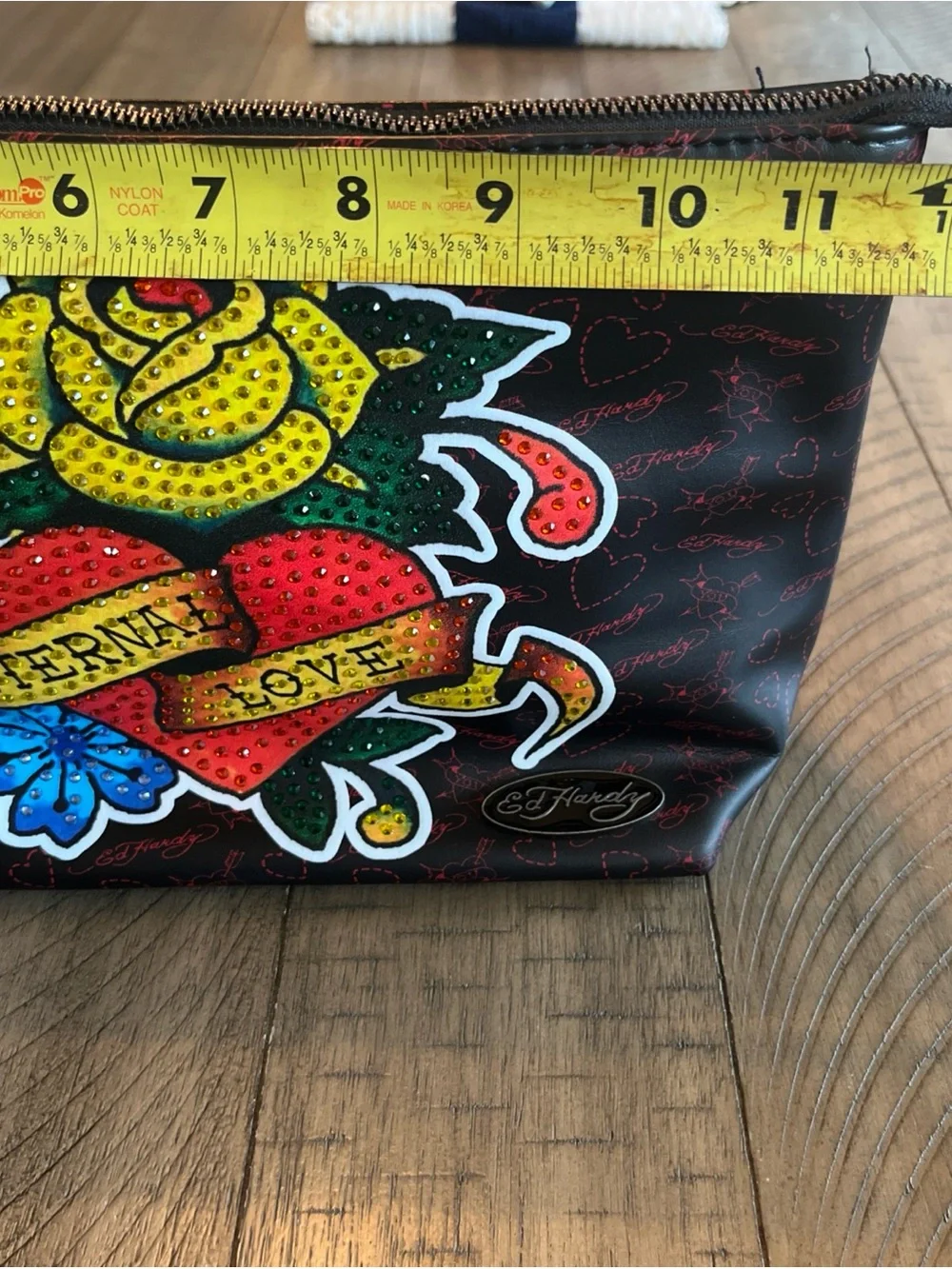 Ed Hardy Black Cosmetic Case with Multicolored Studded Tattoo Motif